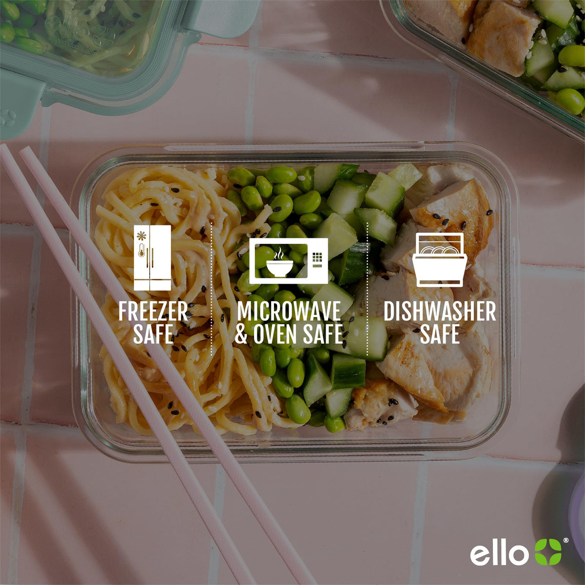 Ello Color Lock containers shown on a top rack for easy cleaning.