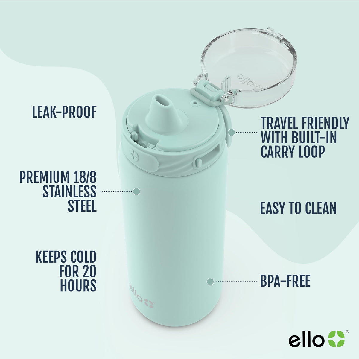 Ello Cooper 18oz bottle with leak-proof lid for mess-free carry.
