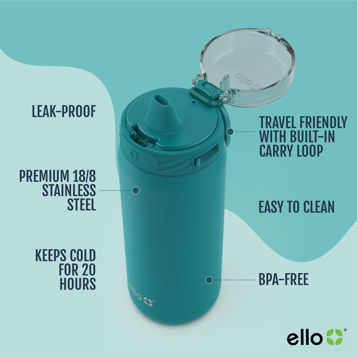Ello Cooper 18oz lid-open view showing locking lid for spill-free transport