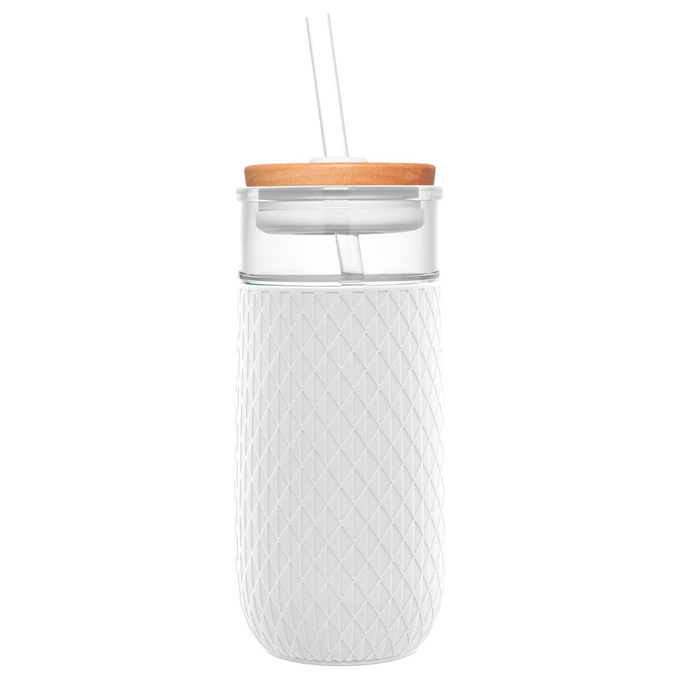 Ello Devon 18oz glass tumbler with straw for iced coffee and cold drinks.