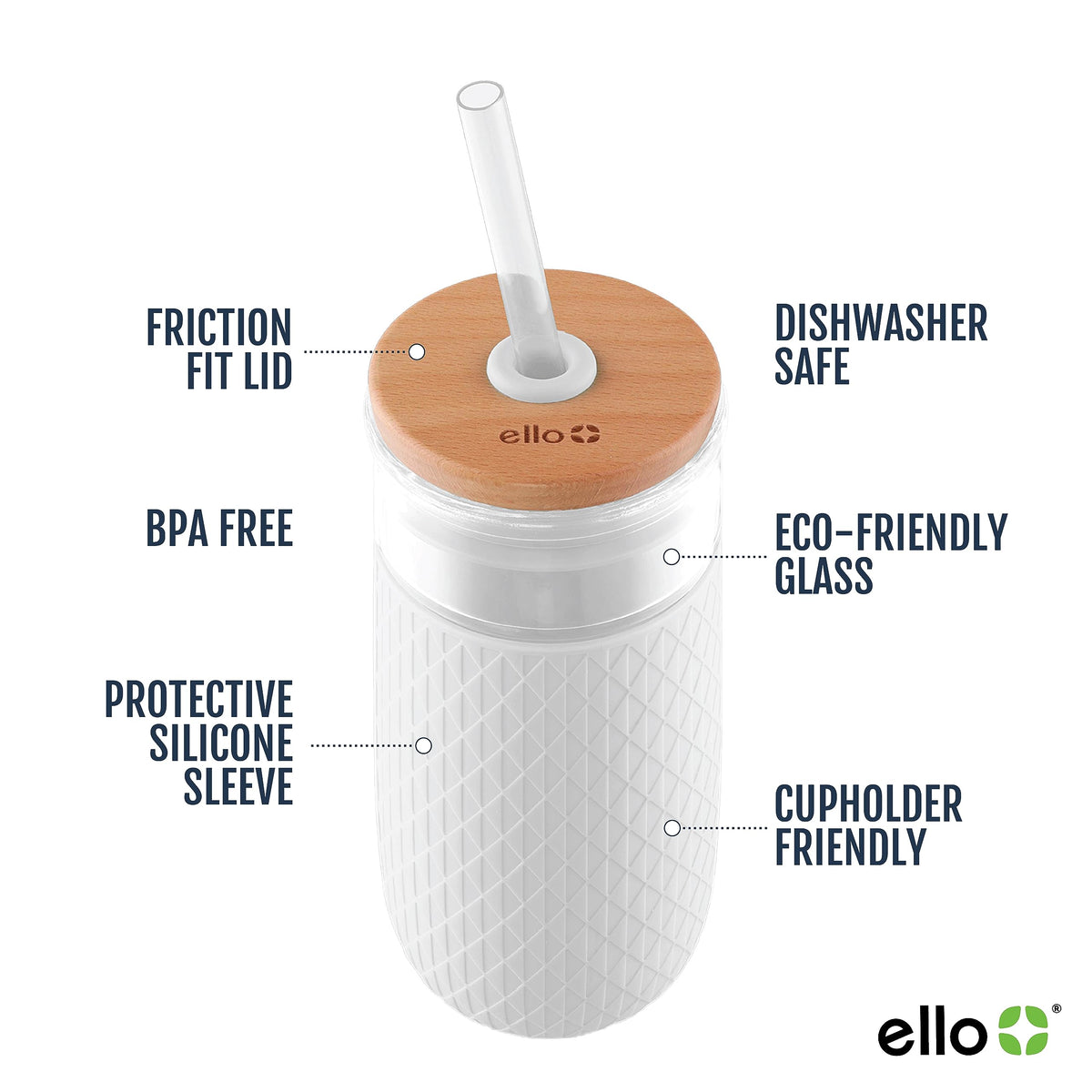 Ello Devon friction-fit bamboo lid keeps beverages splash-free on the go.