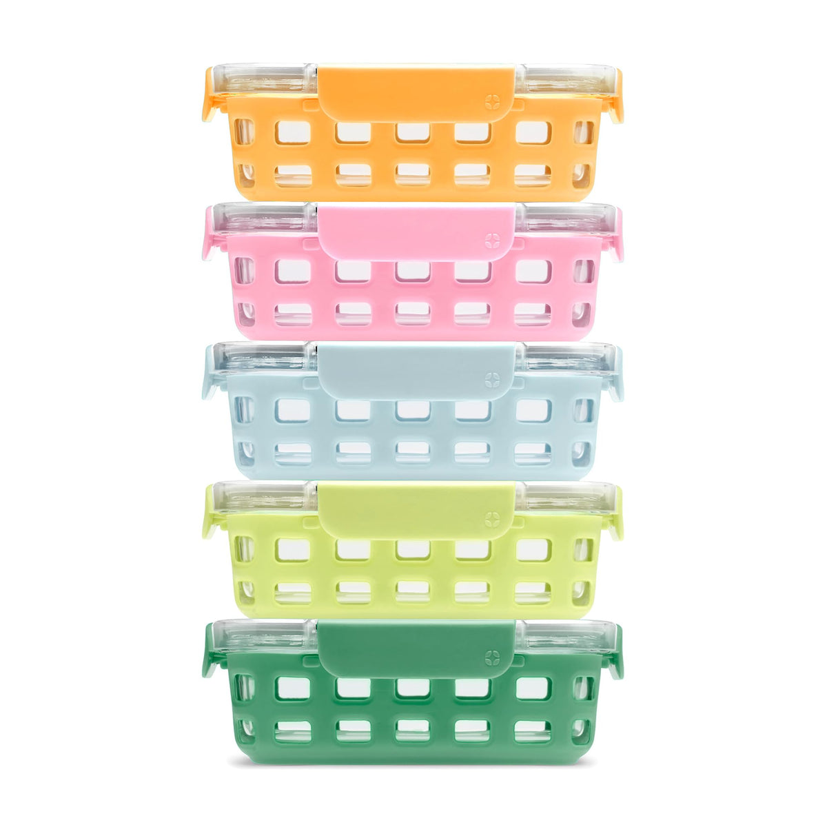 Ello Duraglass Meadow 10pc kit front view with clear glass containers for meal prep