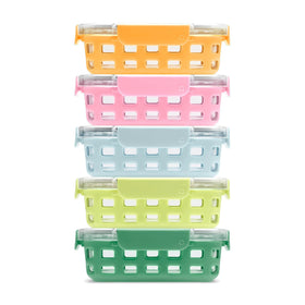 Ello Duraglass Meadow 10pc kit front view with clear glass containers for meal prep