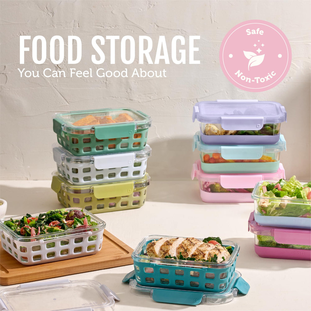 Ello Duraglass Meadow stackable containers save space when stored