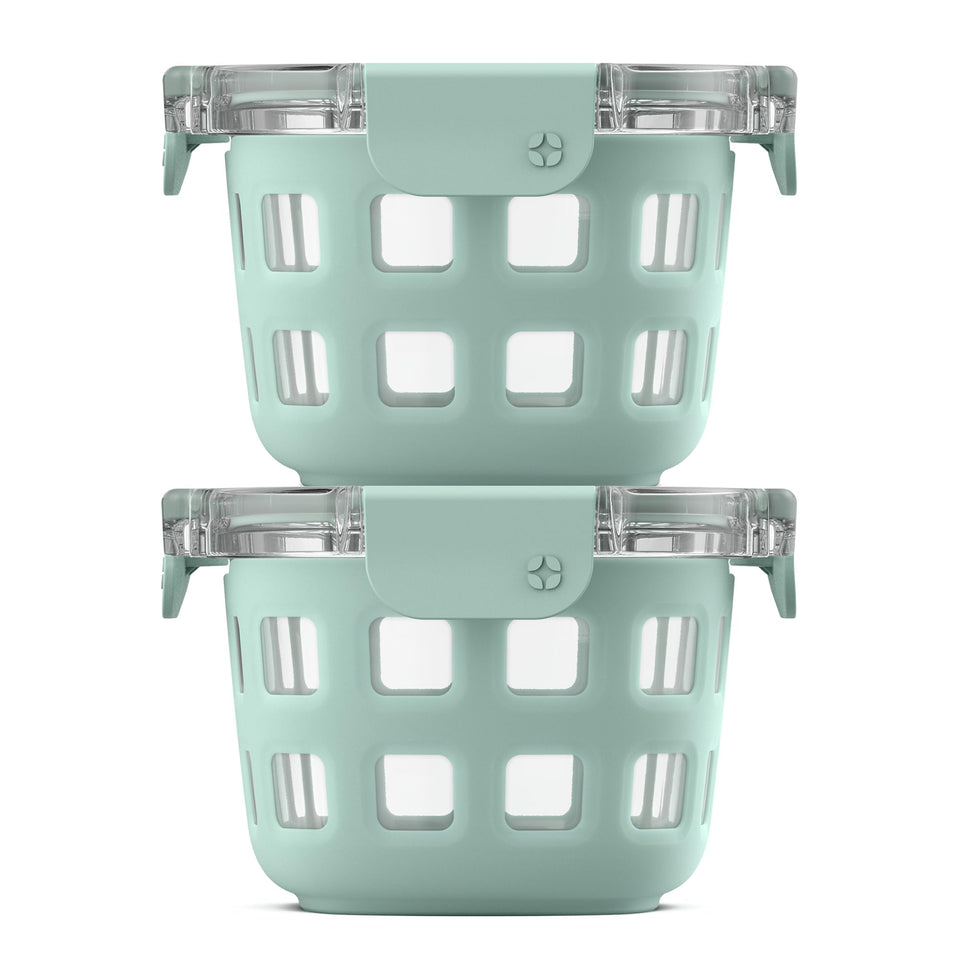 Ello Duraglass 2-cup container with protective sleeve for durable on-the-go meals.