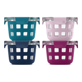 Ello Duraglass 2-Cup Container with protective sleeve keeps meals fresh and portable.