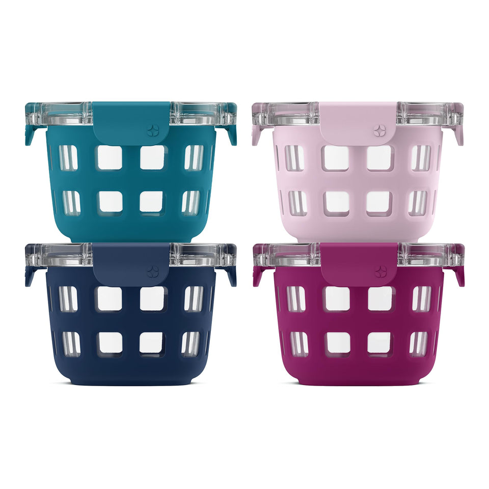 Ello Duraglass 2-Cup Container with protective sleeve keeps meals fresh and portable.