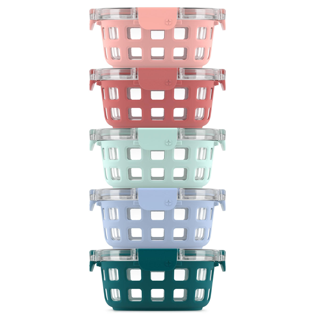 Ello Duraglass 3.4 cup round meal prep container with melon sleeve, easy to see contents.