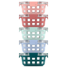 Ello Duraglass 3.4 cup round meal prep container with melon sleeve, easy to see contents.