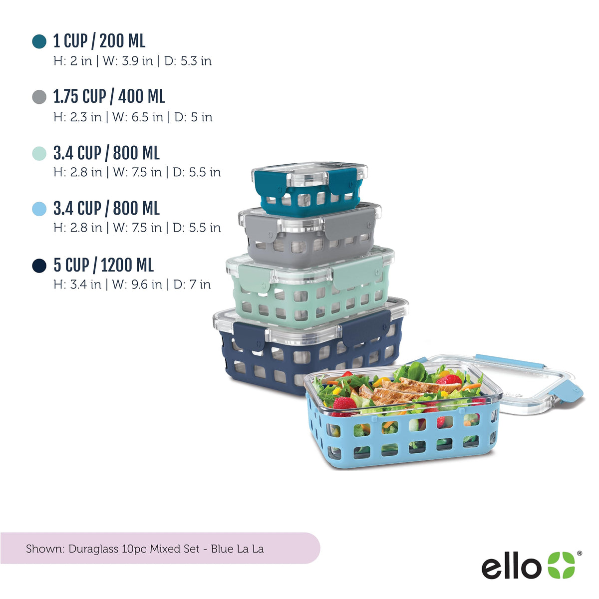 Ello Duraglass 3.4 cup containers keep portions fresh and odors contained