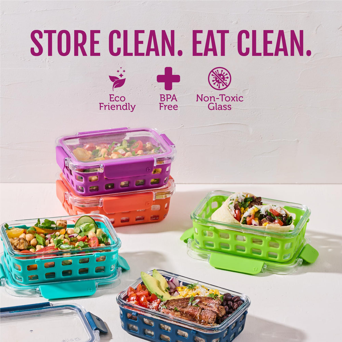 Ello Duraglass 5-pack lids closeup highlights airtight, BPA-free snaps.