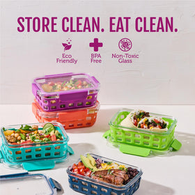 Ello Duraglass 5-pack lids closeup highlights airtight, BPA-free snaps.