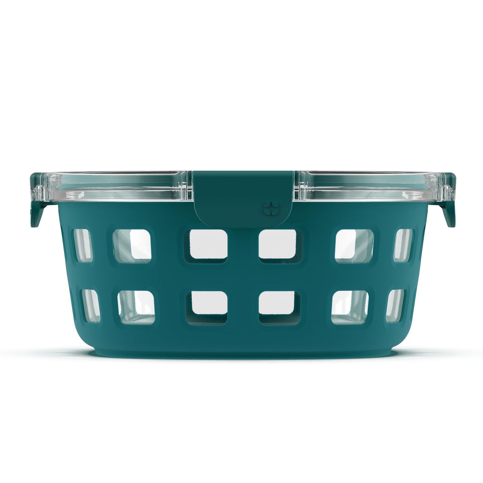 Ello Duraglass 7-cup container with clear glass body showing contents and freshness
