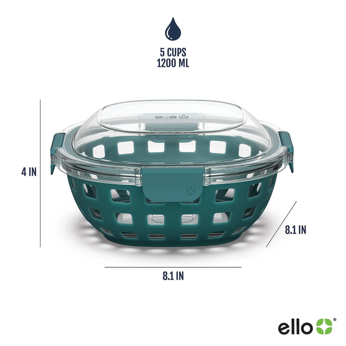 Ello Duraglass airtight lid keeps foods fresh and prevents spills.