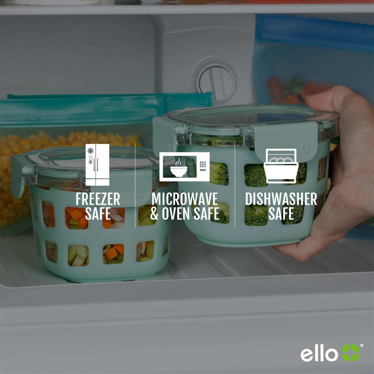 Ello Duraglass dishwasher-safe glass for easy cleanup.