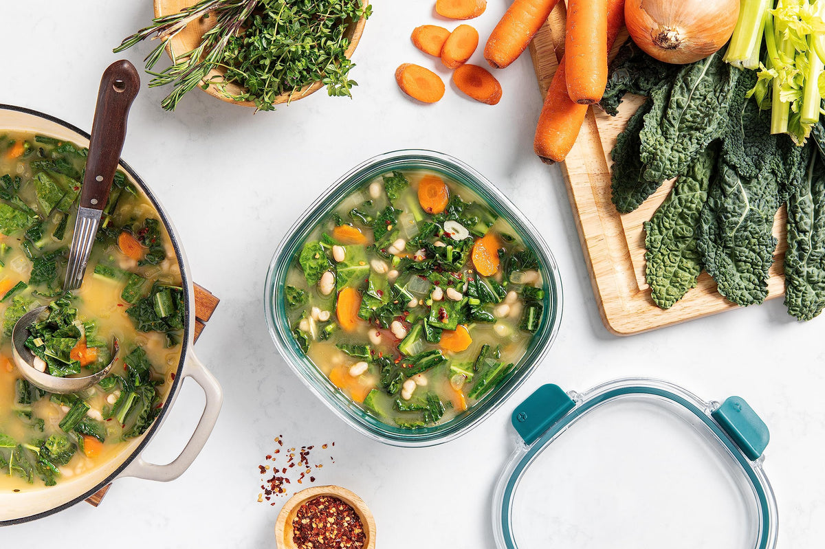 Ello Duraglass container shown in freezer for make-ahead meals