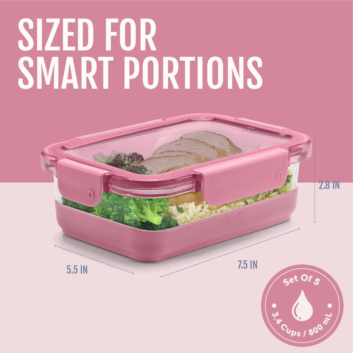Ello Duraglass leak-proof airtight lids prevent spills and keep food fresh.