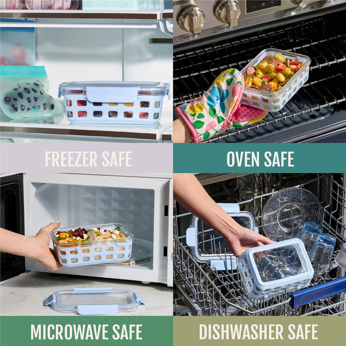Ello Duraglass leak-proof lids keep food sealed and mess-free.