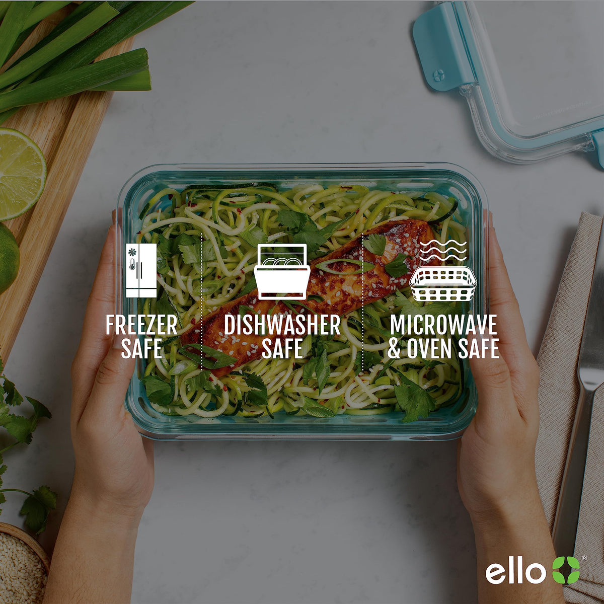 Ello Duraglass locking lid shows secure, leak-proof storage.