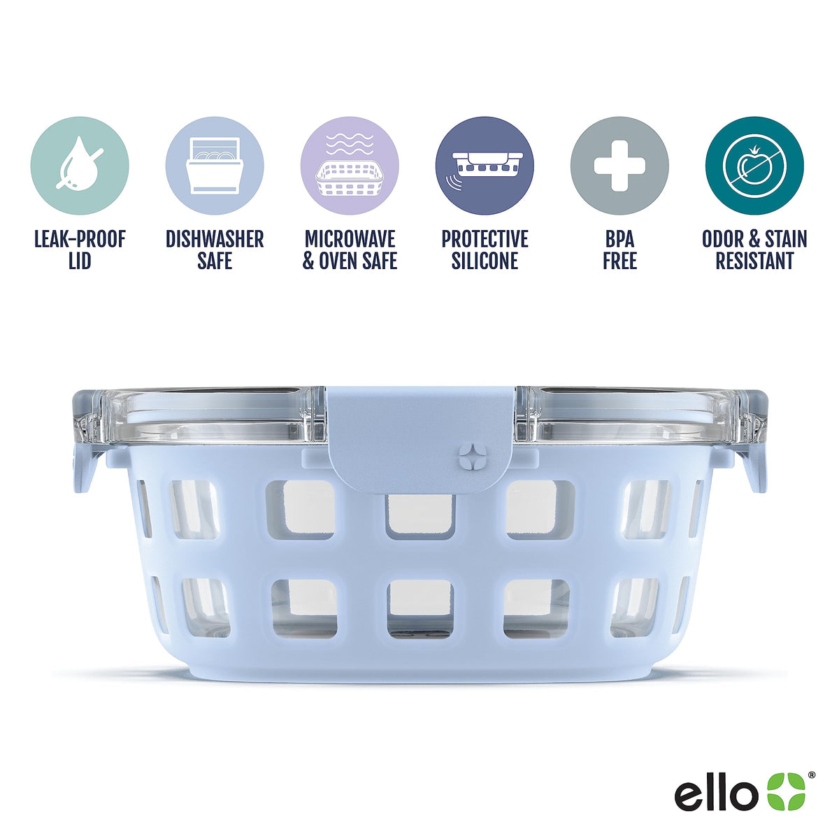 Ello Duraglass leak-proof lid close-up showing secure snap.