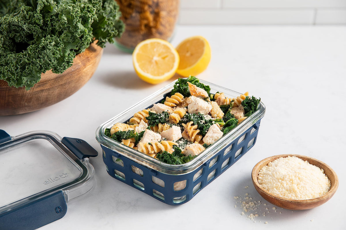 Ello Duraglass leak-proof BPA-free lids help seal contents after reheating