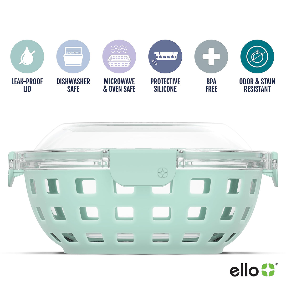 Ello Duraglass airtight locking lid for spill-free storage.