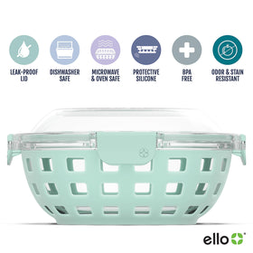 Ello Duraglass airtight locking lid for spill-free storage.