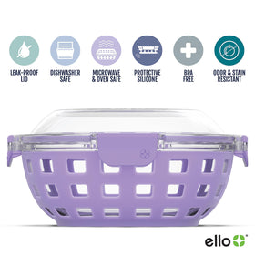 Ello Duraglass airtight locking lid keeps meals fresh and spill-free.