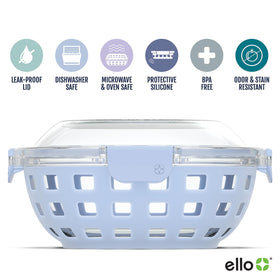 Ello Duraglass lunch bowl lid airtight keeps foods secure during transport.