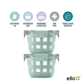Ello Duraglass overnight oats setup with yogurt topping.