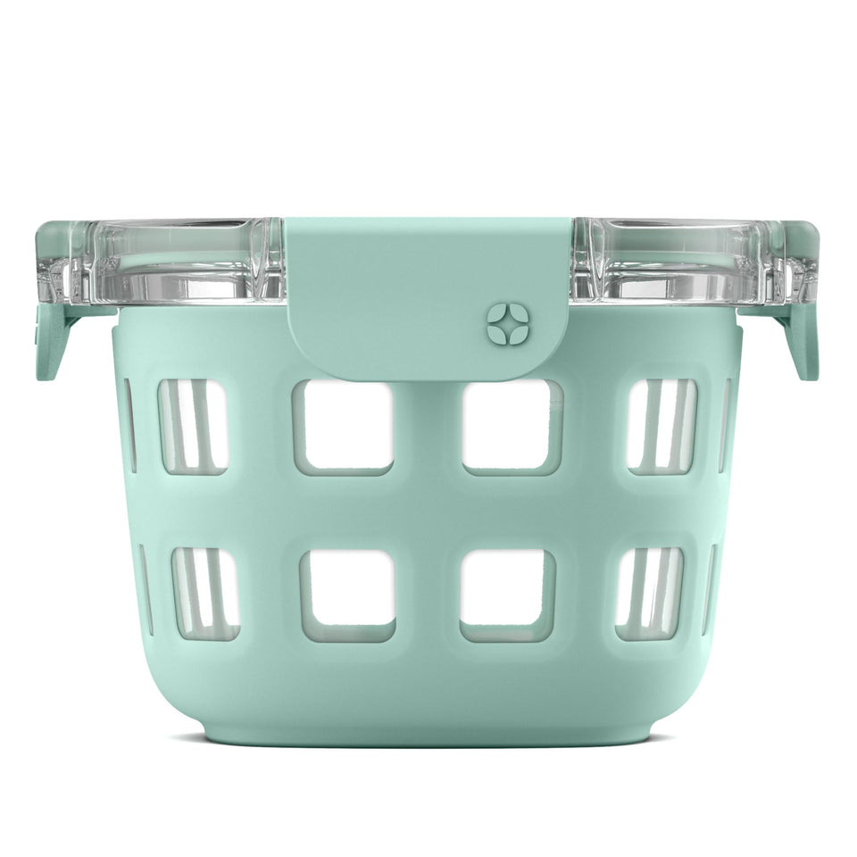 Ello DuraGlass round 2-cup container with silicone sleeve for protection and grip