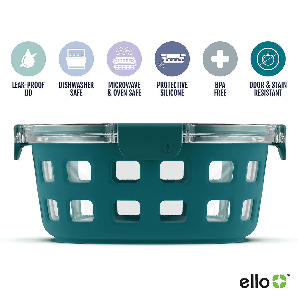 Ello Duraglass silicone sleeve in bright color protecting the container
