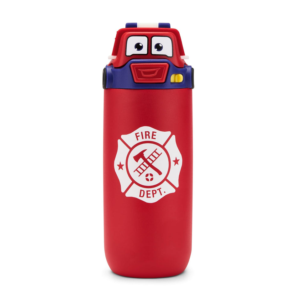 Ello Ellies 12oz firetruck bottle closeup shows durable insulated design for on-the-go hydration.