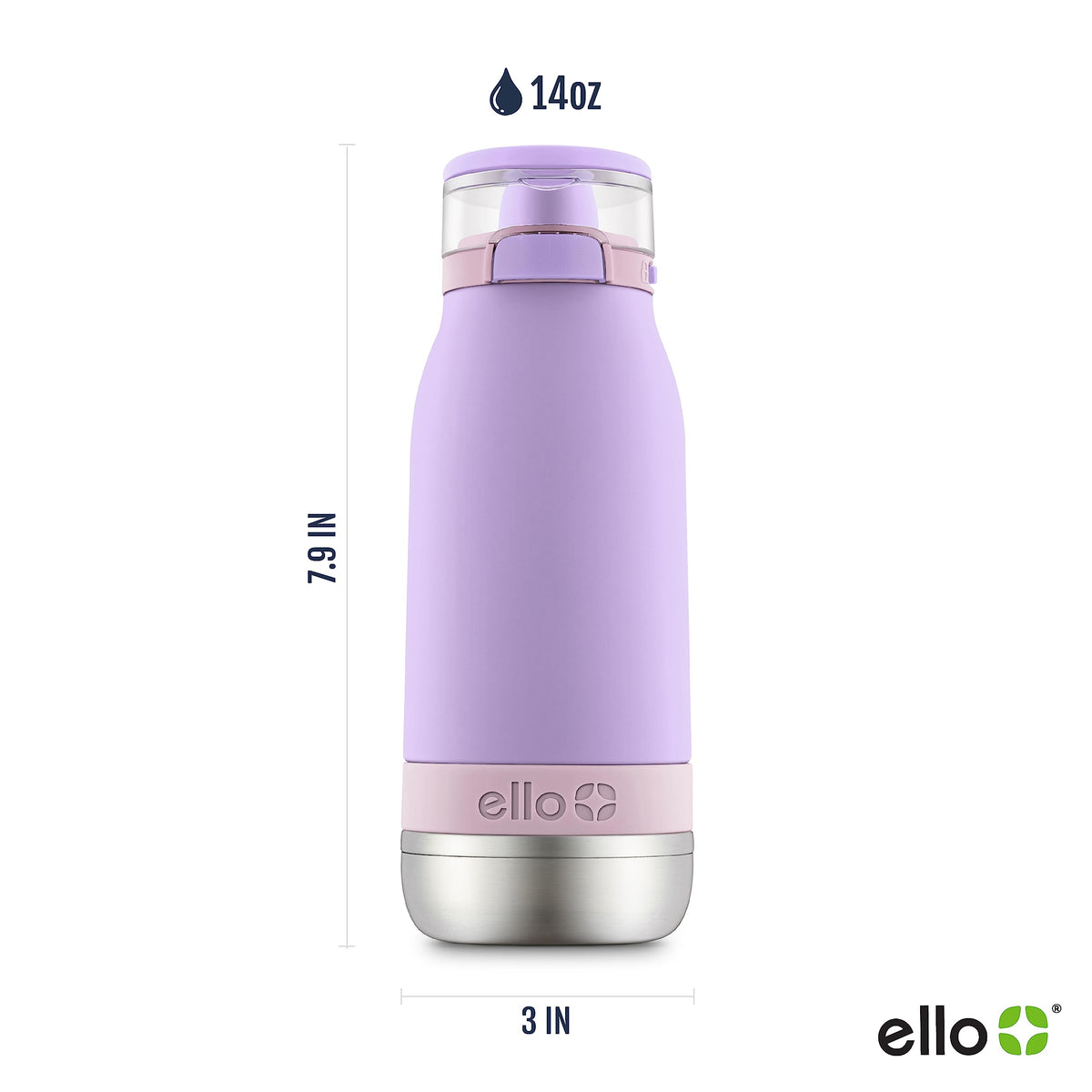 Ello Emma 14oz bottle features built-in carry loop for backpacks and travel.