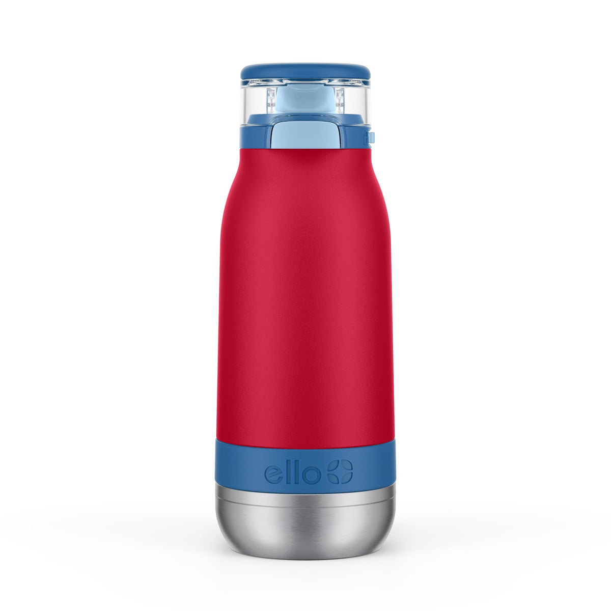 Ello Emma 14oz bottle front view in red splash, durable 18/8 stainless steel.