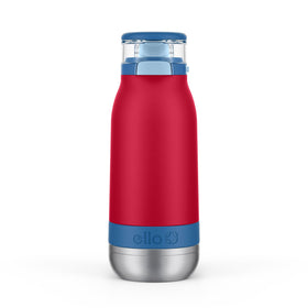 Ello Emma 14oz bottle front view in red splash, durable 18/8 stainless steel.