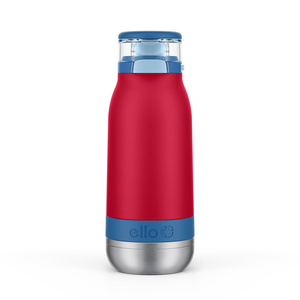 Ello Emma 14oz bottle front view in red splash, durable 18/8 stainless steel.