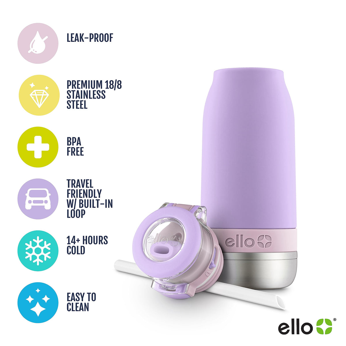 Ello Emma 14oz bottle with extended straw keeps sipping easy during sports.