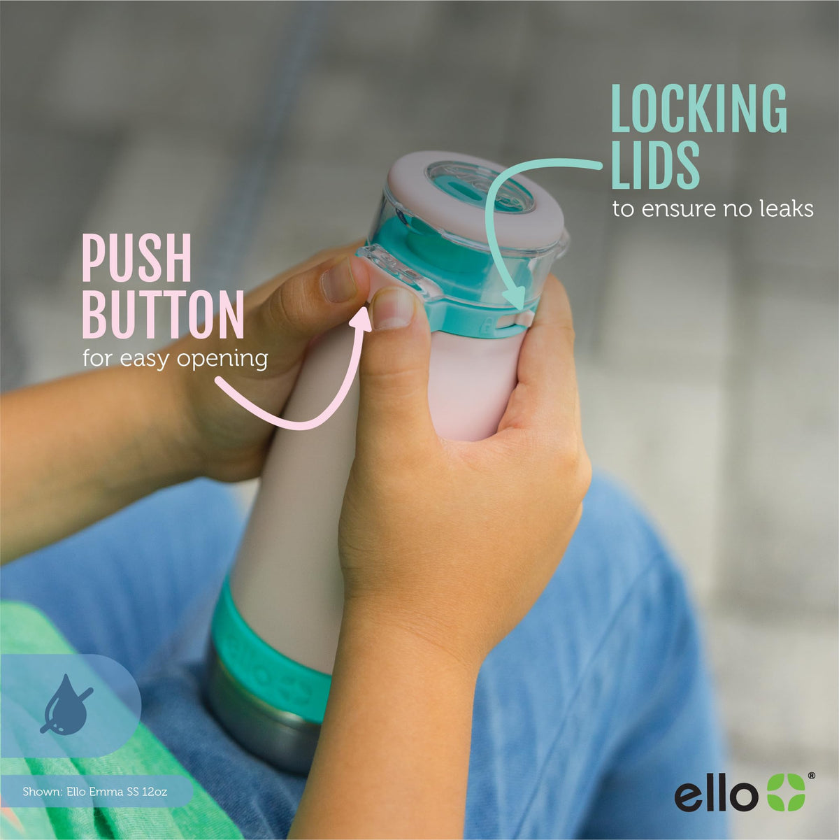 Ello Emma 14oz bottle's vacuum insulation keeps drinks cold for hours.