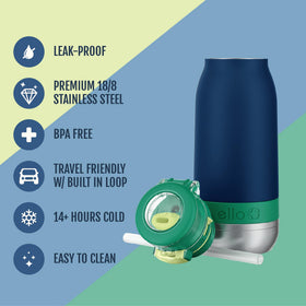 Ello Emma 14oz bottle lid opened demonstrating one-handed access on the go.