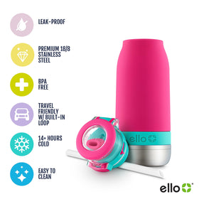 Ello Emma locking lid shown with one-handed button release for spill-free on-the-go.