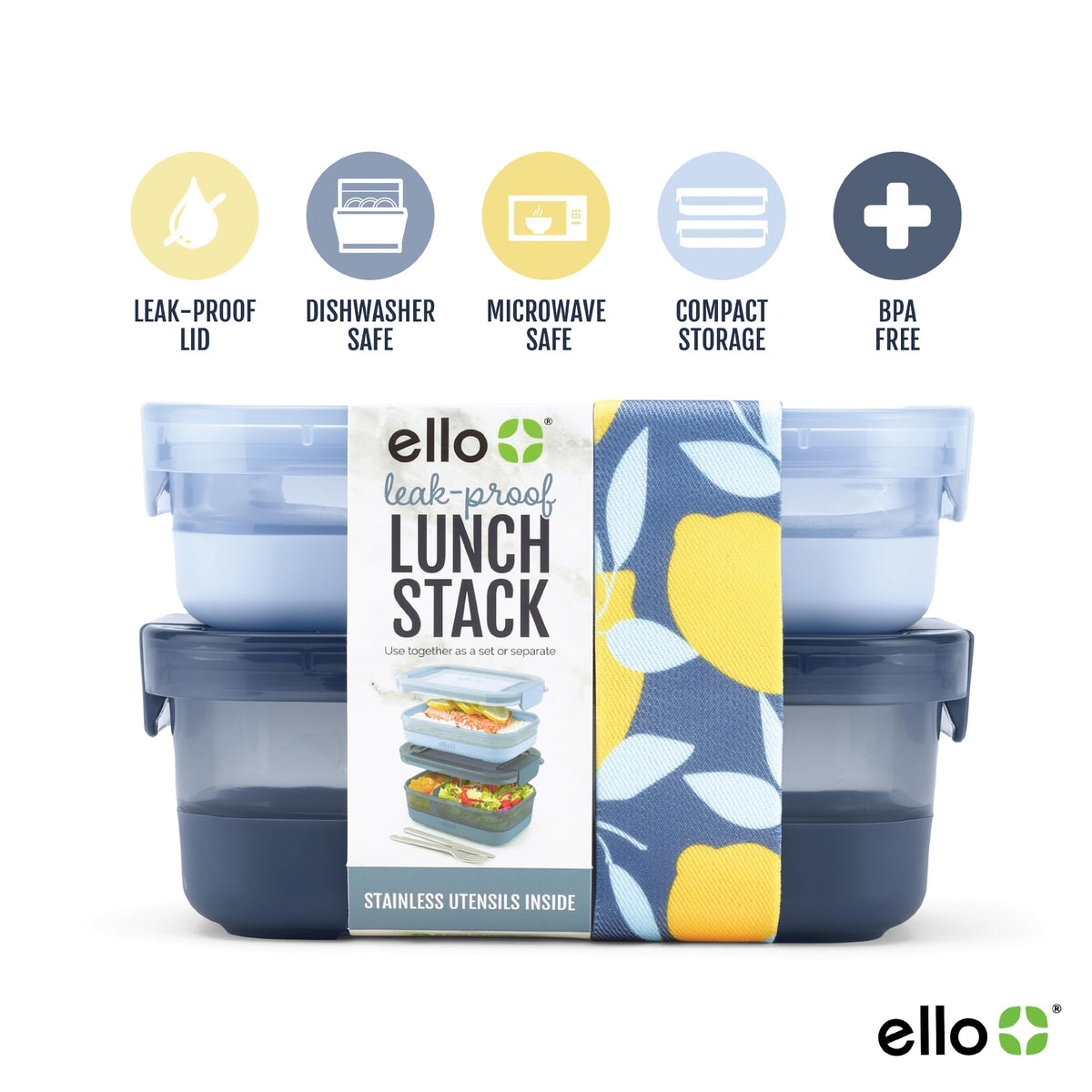 Ello lunch stack 3 cup container with divider for meal separation