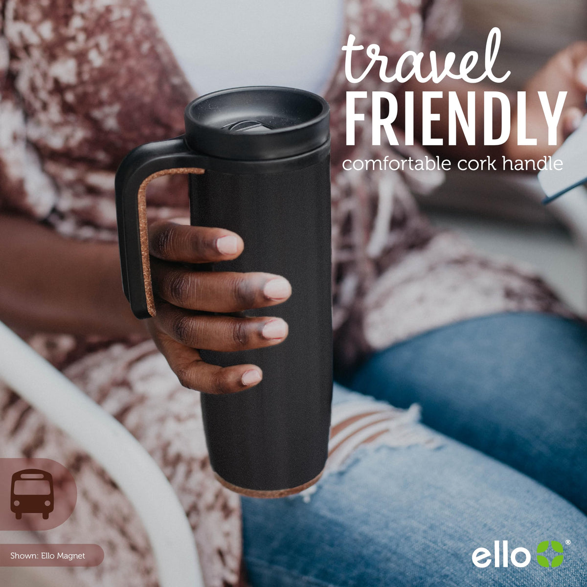 Ello Magnet built-in cork coaster base protects surfaces.