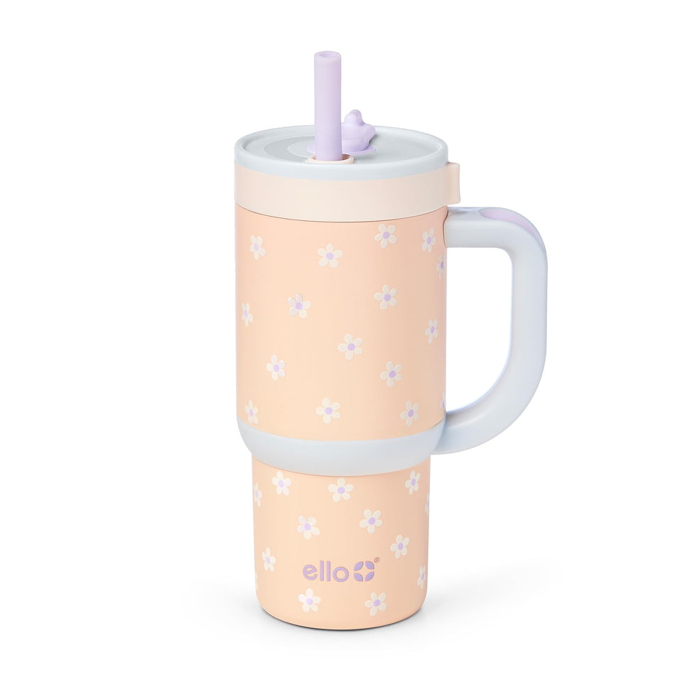 Ello Oasis 14oz tumbler with orange daisies, ideal for mess-free kid hydration.