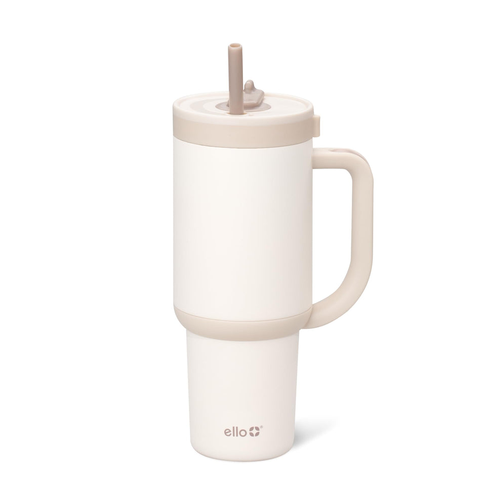 Ello Oasis 30 oz tumbler with handle shows leakproof design for on-the-go hydration.