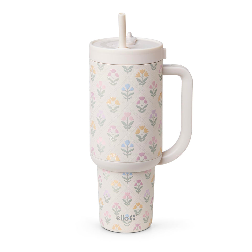 Ello Oasis 40oz bottle front view with Flower Quilt design for daily hydration