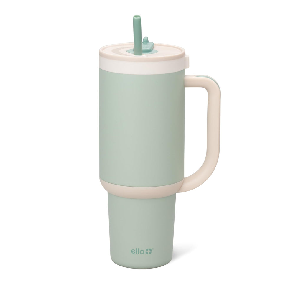 Ello Oasis 40 oz tumbler with handle in pistachio, ideal for travel and daily hydration.