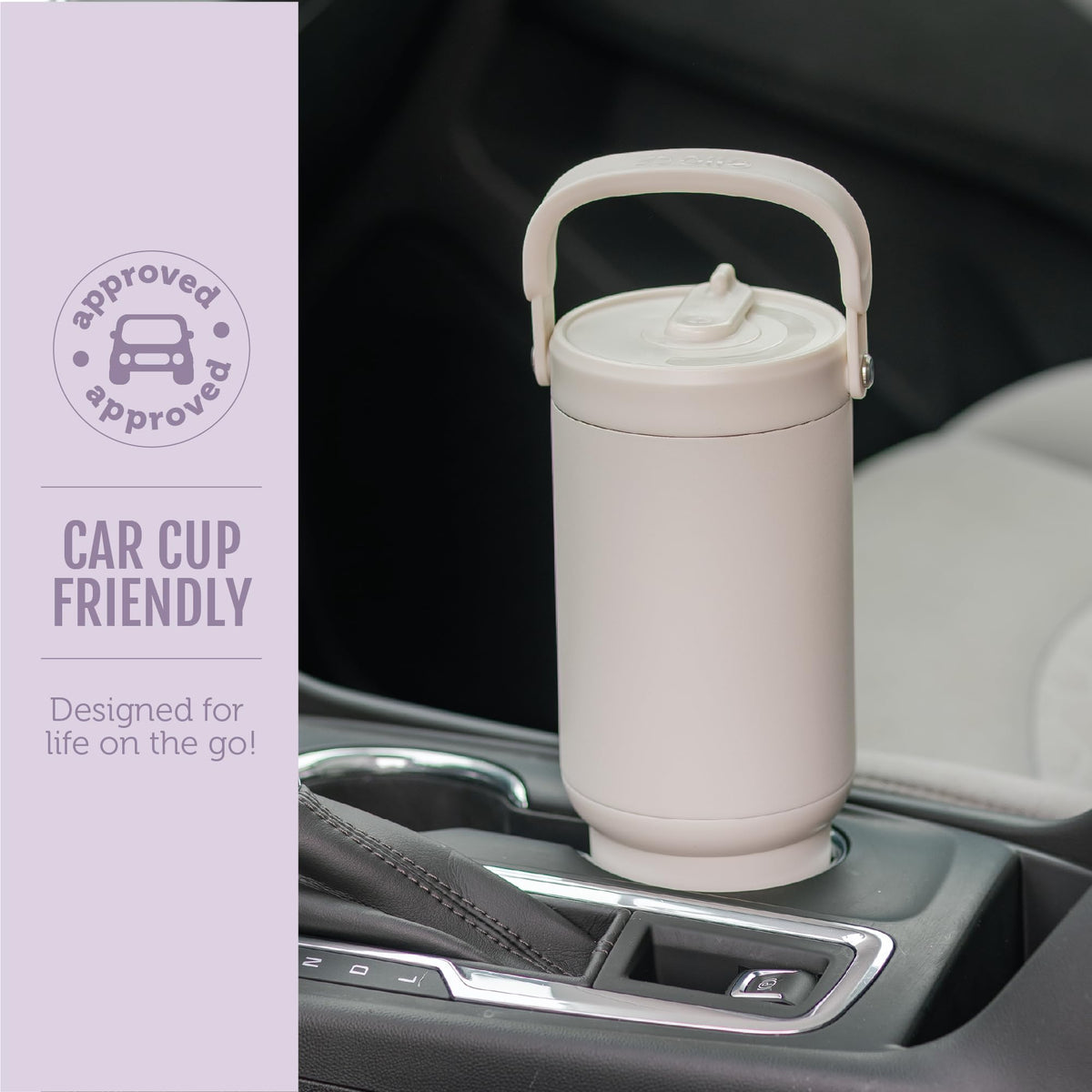 Ello Oasis Go+ slim base fits cup holders for easy on-the-go use.