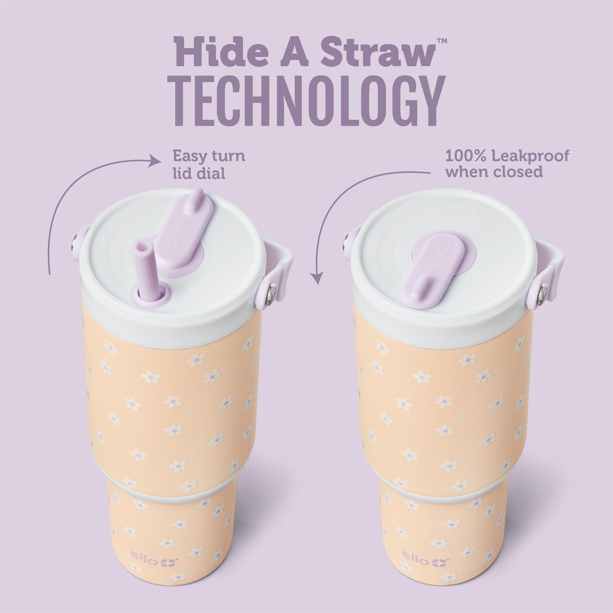 Ello Oasis Go+ retracting straw demonstrates leakproof design for bags and travel.