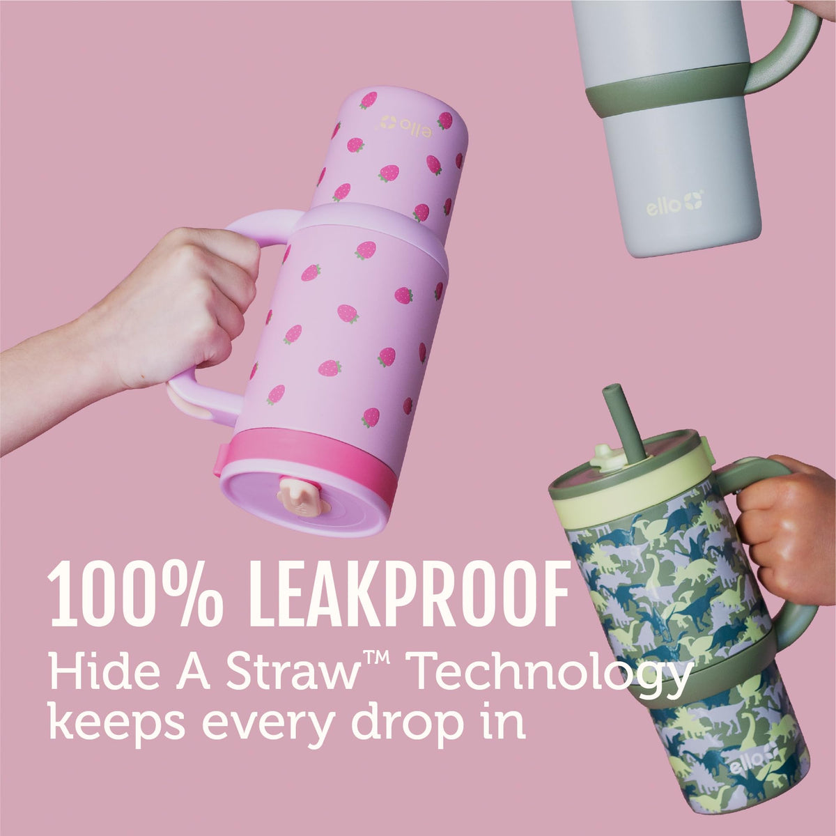 Ello Oasis leak-proof technology shown with closed lid for on-the-go confidence.